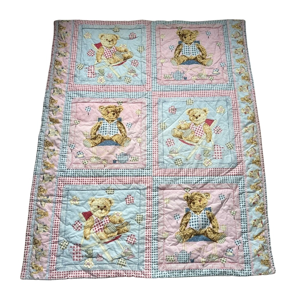 Vintage Teddy Bear Tea Party Quilted Baby Blanket Pink Blue Gingham 41x50